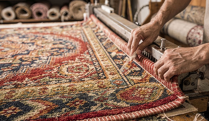 Technician’s feeding a patterned rug through a machine to finish its serged edges